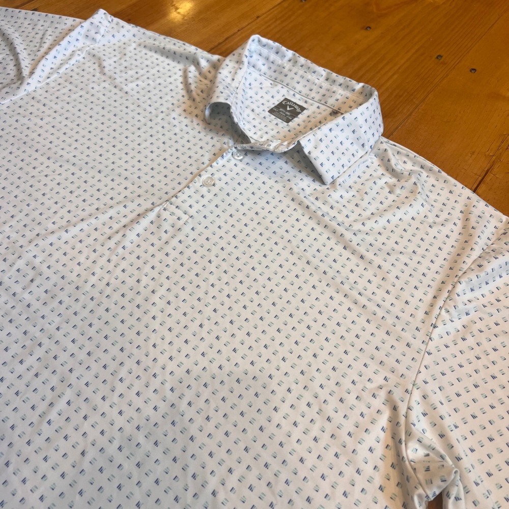 Callaway Opti-Dri Golf Polo Mens 2XLT White Blue Geometric Print Performance A10 - Picture 2 of 6